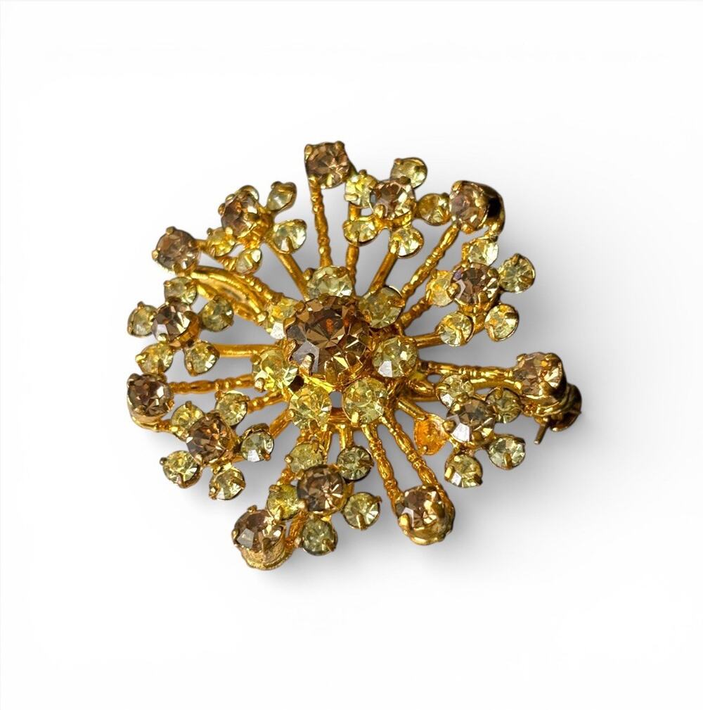 Vintage Signed Austria Gold Tone Amber Rhinestone Flower Petals Brooch